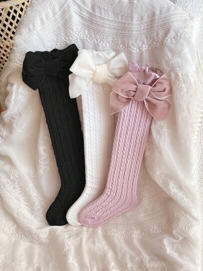 3 Pairs Girls' Cute Bowknot & Cable Knit Mid-Calf Socks, Suitable For Children Aged 0-14 Years Old, Versatile For Daily Wear