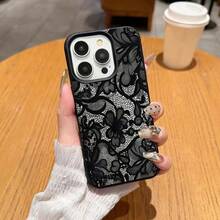 1pc TPU Material Delicate Lace Pattern Phone Case Compatible With Iphone 17 Pro Max/17/16 Pro Max/15/13/12/11, S20 FE/A15/S24/A55, Redmi Note 11/12/13 Pro, Full Coverage Anti-Drop Soft Protective Cover - Black - View 1