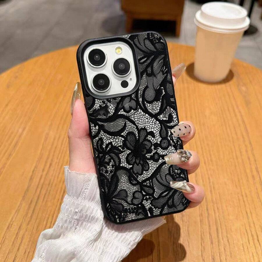 1pc TPU Material Delicate Lace Pattern Phone Case Compatible With Iphone 17 Pro Max/17/16 Pro Max/15/13/12/11, S20 FE/A15/S24/A55, Redmi Note 11/12/13 Pro, Full Coverage Anti-Drop Soft Protective Cover - Black - View 1