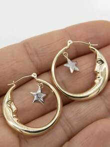 2pcs/Set Women Moon, Star & Human Geometric Hollow Hoop Earrings, Golden Metal Minimalist Style For Party & Holiday - 金色 - 查看 6