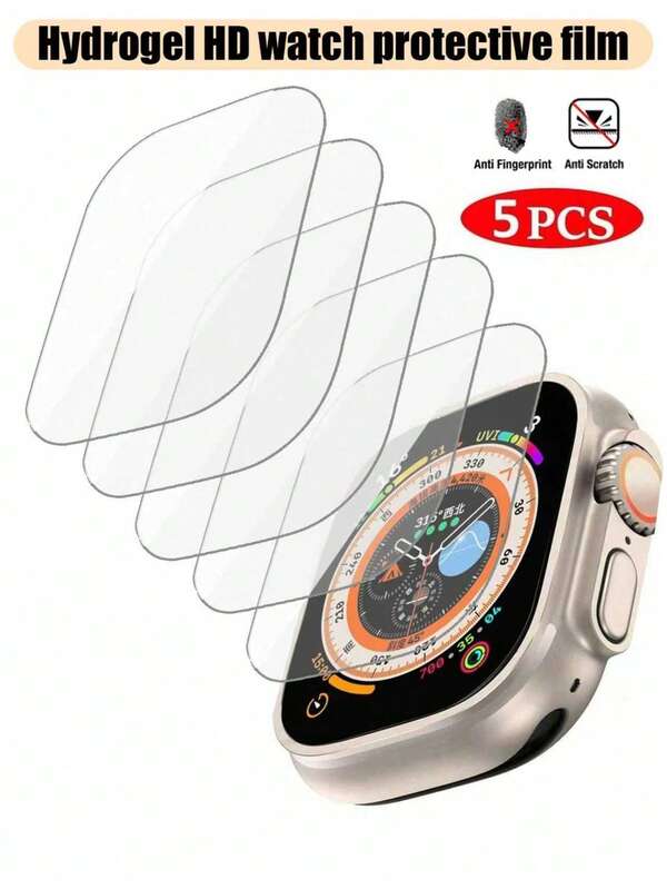 5pcs Smart Watch Screen Protector, Compatible With Apple Watch Ultra 2/Ultra 49mm, Compatible With Apple Watch Series 10(42mm), Series 10(46mm), SE/8/7/6/5/4/3/2/1, Non-Glass, 3D Curved Edge Full Coverage Anti-Glare Bubble-Free Soft Screen Film, Scratch-Resistant, High Definition, Touch Sensitive
