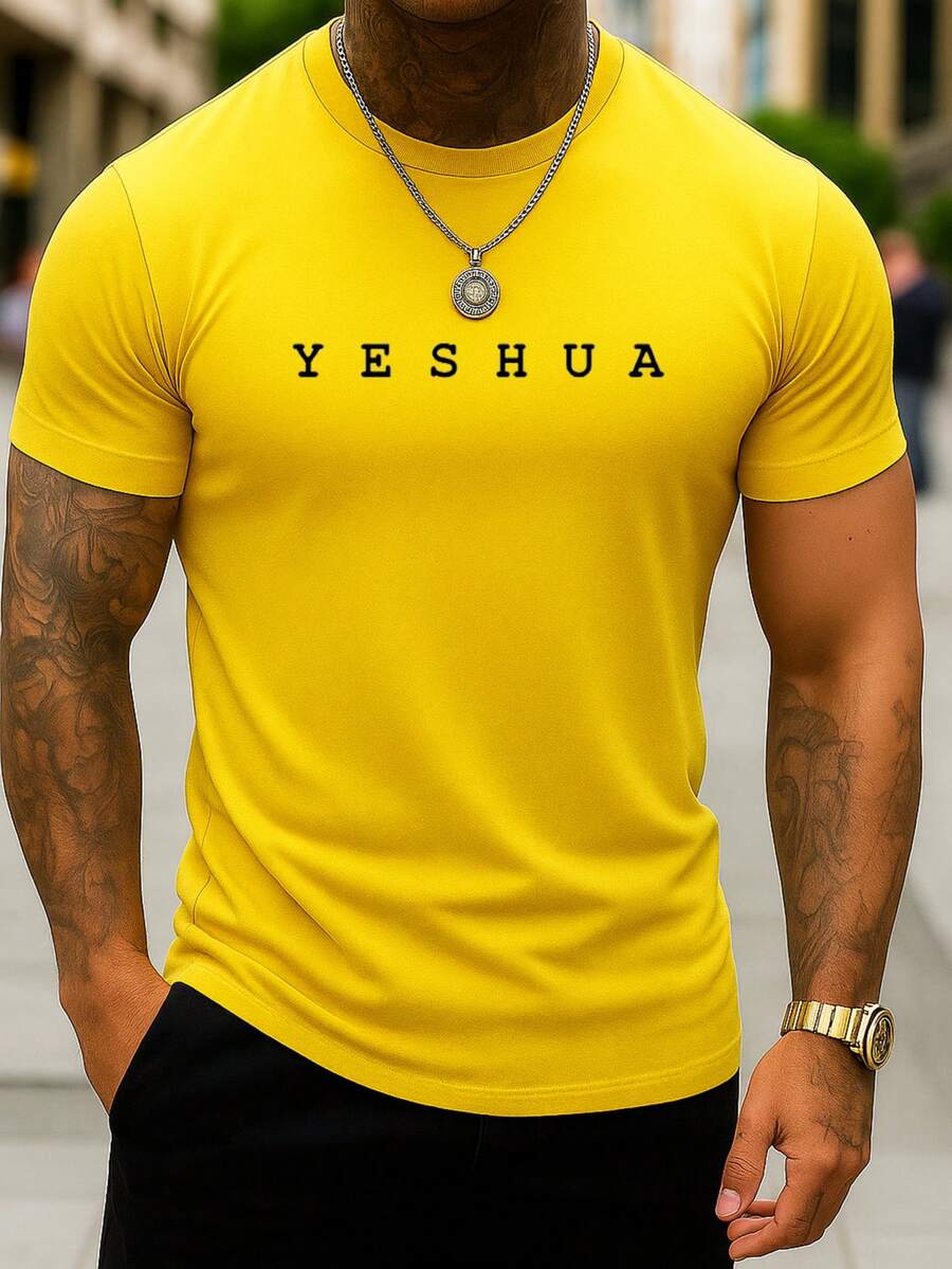 Yellow Men's Christian Yeshua Shirt Short Sleeve T-Shirt 100% Cotton Round Neck T-Shirt For Men Writing Yeshua - 黃色 - 查看 1