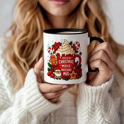 Świąteczny kubek do oglądania filmów, świąteczny ceramiczny kubek z motywem Świętego Mikołaja, piernikowego ludzika i bitej śmietany, idealny na świąteczne napoje, idealny prezent świąteczny dla miłośników filmów, przytulne zimowe naczynia do domu i biura
