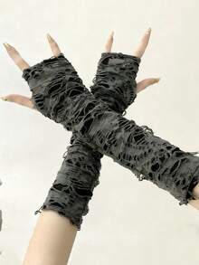 2025 New Style 2-Pack Street Gloves, Ripped Old Beggar Decorative Half-Finger Gloves, INS Gloves, Arm Sleeves For Women, Suitable For Daily Wear, Halloween Costume Matching, Cosplay Decoration, Stage Performance, Party Theme, Fashionable Arm Sleeves, Beggar Style Arm Sleeves Thanksgiving Christmas Winter Holiday Outfit Women+Winter Gear+Gloves Bear+Christmas - Dark Grey - View 9