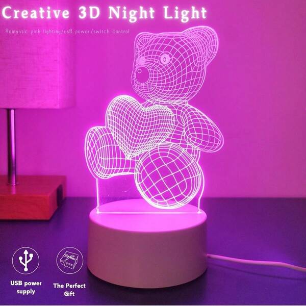 1 pièce Veilleuse LED 3D ours lumineux USB, lampe de bureau LED rose marche/arrêt, décoration pour salon, chambre à coucher, cadeau d'anniversaire/fête idéal