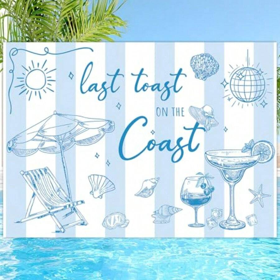DLast Toast On The Coast Backdrop 7 X 5 Ft Summer Beach Photography Background Banner Blue Champagne Bachelorette Party Photo Prop For Bachelorette Bridal Shower Engagement Party Decor - 如圖 - 查看 1