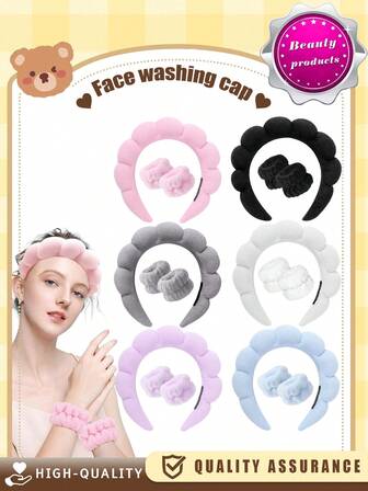 3件套洗脸头带套装，1个洗脸头带+2个洗脸腕带，SPA头带3件套，洗脸套装，SPA头带，化妆头带，面部头带，护肤头带，吸水腕带，粉色毛绒海绵头带，蝴蝶结，洗脸头带，SPA头带，运动腕带，运动头带，女士及女孩发饰，毛绒弹力发圈，化妆工具套装，女士及女孩发饰套装
