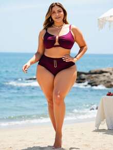 Swim Lushoire Plus Size Women's Solid Color Ruched Cutout Sexy Bikini Set, 2025 New Year Party Summer - Burgundy - View 2