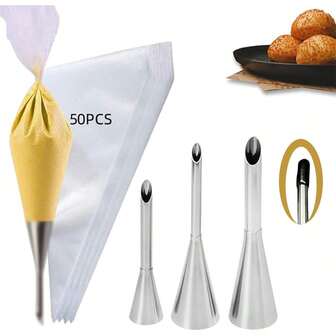 53pcs Eclair Nozzle Set, 12" Piping Bags, Cream Icing Nozzles, Cake Decorating, Frosting Buttercream Pastry Dough DIY, Baking Tools Kitchen Gadgets, Birthday Party Home Gathering Holiday Celebration, Perfect Gift For Baking Lovers, Bakers, Halloween, Christmas