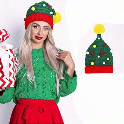 Novelty Green Colorful Pom Pom Party Hat, Warm Knitted Hat With Fuzzy Pom Pom, Unisex Winter Hat, Christmas Party Holiday Novelty Geometric Pattern Acrylic Knit Hat, Hand Wash, Stretchy Fit, Lightweight, Buckle Closure - Holiday Theme Knit Headwear Home Decor Christmas Decorations Room Decor