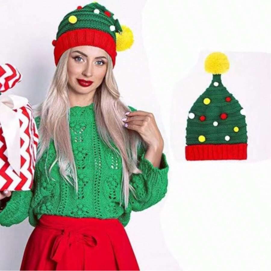 Novelty Green Colorful Pom Pom Party Hat, Warm Knitted Hat With Fuzzy Pom Pom, Unisex Winter Hat, Christmas Party Holiday Novelty Geometric Pattern Acrylic Knit Hat, Hand Wash, Stretchy Fit, Lightweight, Buckle Closure - Holiday Theme Knit Headwear Home Decor Christmas Decorations Room Decor Christmas Decorations Home Christmas Gifts Christmas Decor
