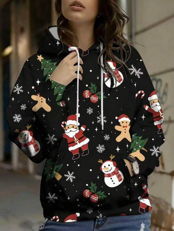 New Women's Stylish Casual Elegant Christmas Random Print Long-Sleeve Hooded Sweatshirt