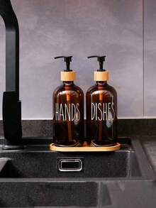 2pcs Bamboo Pump Head Glass Bottle With Tray, Press-Type Tabletop Washing Liquid Bottle, Bathroom Disinfection Hand Sanitizer Container, Soap And Liquid Distribution Bottle, Shampoo And Shower Gel Empty Bottle, Bathroom Accessories, Home Decoration, Bottle Body Arbitrary Decal. Household Goods