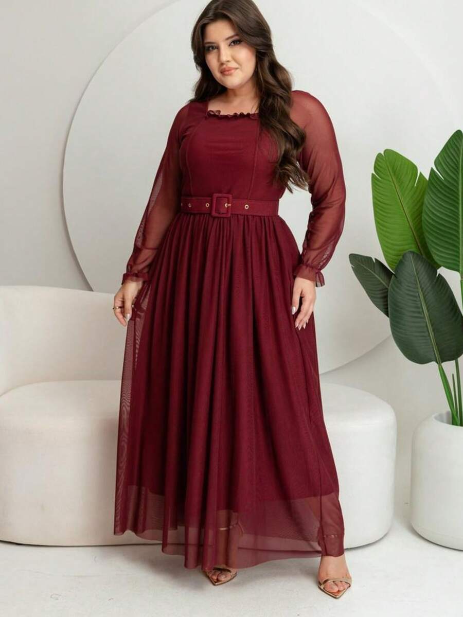 Long Tulle Dress, Plain Fabric, With Belt, Wedding, Holiday - Gỗ đỏ - Xem 1