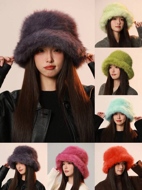 1pc Women's Fluffy Bucket Hat, Lightweight Breathable Casual Simple Fashion Versatile Bucket Hat, Autumn/Winter, Outdoor Warm, Unisex, Suitable For Daily Use