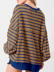 Womens Loose Fit Striped Henley Waffle Knit Pullover Casual Sweatshirt Tops - 咖色 - 查看 2