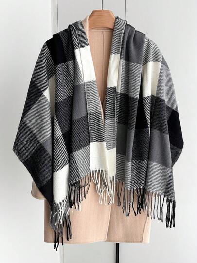 1 peça cachecol xadrez feminino de inverno, imitação de caxemira, cachecol simples com borla e argola, quente e frio, unissex, adequado para viagens diárias, uso casual