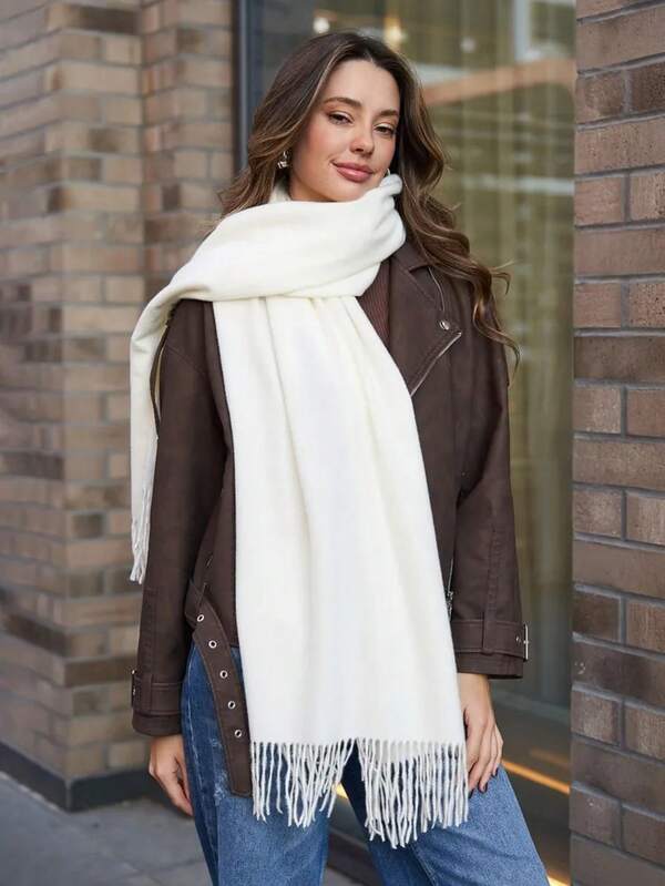 Autumn/Winter European Style Faux Cashmere Tassel Solid Color Long Scarf, Versatile Warm Neck Wrap, Plain Shawl, Elegant & Intellectual Vibe, Suitable For Teachers, Couples
