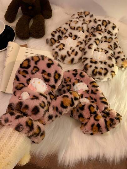 Sanrio 1 双 Hello Kitty 豹纹全指手套，可爱少女，防风保暖，卡通蓬松冬季户外手套，适合秋冬