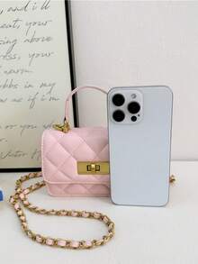 Rhombus Chain Shoulder Bag, Stylish & Cute Crossbody Bag For Girls - Pink - View 4