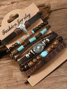 6pcsWomen's Bohemian Retro Stackable Turquoise Bracelet - Western Rustic Beaded Bull Head Charm Elastic Jewelry For Party & Casual Wear - 6pcs - View 5
