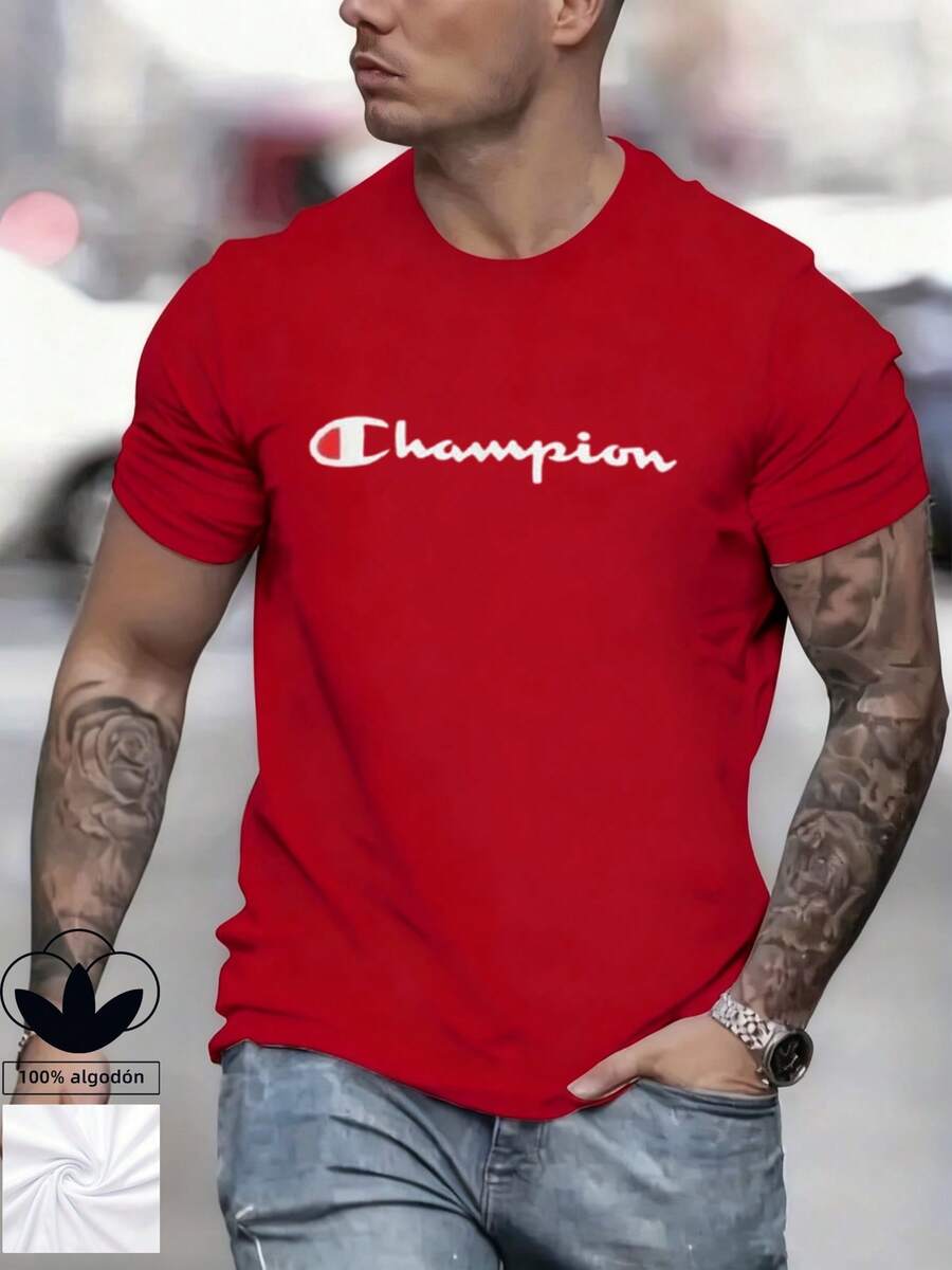 Camiseta para hombre 100 % algodón con estampado de letras sencillo. Camiseta informal y cómoda de manga corta con cuello redondo. Ideal para primavera y verano, ideal para cualquier ocasión. Color liso, informal, para uso diario. Camiseta de verano ligera y transpirable de manga corta (Tallas S, M, L, XL, XXL y XXXL). - Rojo - Ver 1