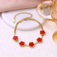 Gold Plated Black Enamel Four-Leaf Clover Bracelet, Herringbone Chain Lucky Charm Bracelet, Stainless Steel Jewelry For Women Gift