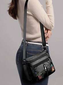 Women's Multi-Layer Large Capacity Crossbody Shoulder Bag [Zipper Direction Selectable] - Black - View 8