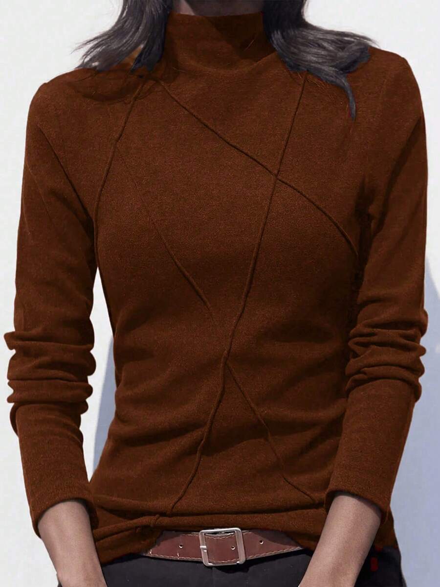 女士保暖内衬高领保暖内衣，2024新款，时尚鱼骨图案拼接套头衫，适合秋冬休闲穿着 - 咖啡棕 - 查看 1