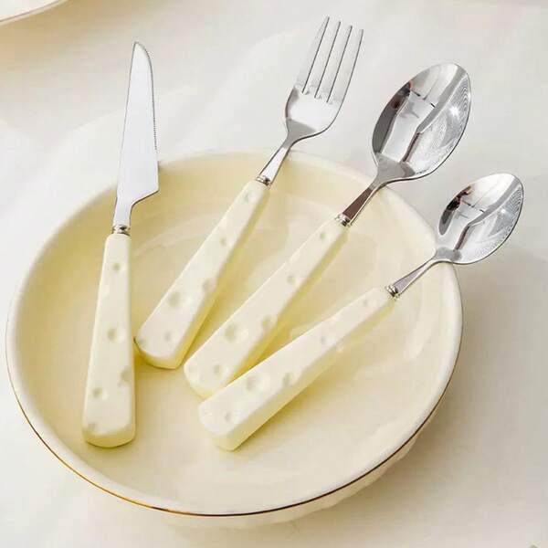 4-częściowy zestaw uroczych metalowych sztućców z ceramicznymi uchwytami w kształcie sera, zmywarka, zestaw sztućców kuchennych zawiera nóż/widelec/łyżkę/łyżeczkę do kawy