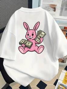 Women's Pink Rabbit & Dollar Bill Print Short Sleeve T-Shirt - White Crew Neck Casual Top With Playful Graphic Design, Machine Washable Spring Summer Tee, Allseasons Shirt,  Apparel, Comfortable Fit Shirt - Black - View 4