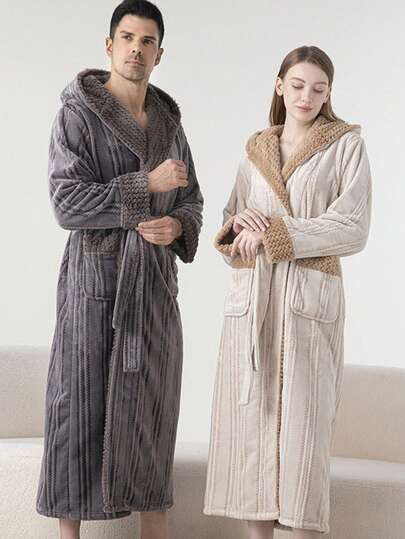 Bata de baño de felpa cómoda con capucha - Bata de manga larga con cinturón ajustable, ropa de estar en casa casual de otoño/invierno, unicolor, ajuste regular, perfecta para parejas, bata de baño para parejas, ropa de estar en casa de invierno, bata con capucha, textura suave