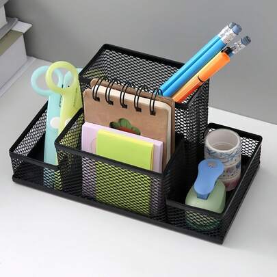Multi-Functional Metal Pen Holder & Desk Organizer Box, Creative Student/Office Supplies Storage, Decorative Desktop Stationery Holder, High-End Mesh Organizer For Home, Study, Work
