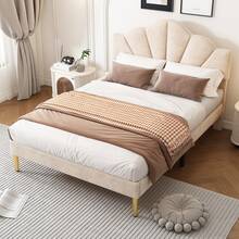 Double Bed In Velvet, Upholstered, 140 X 200 Cm, Shell-Shaped With Gold Iron Legs, Height-Adjustable Headboard, Wooden Slatted Base, Beige - Beige - View 2