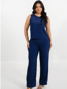 Tailored Set Wide Leg Pants And Elegant Tank Top - Navy Blue - View 1