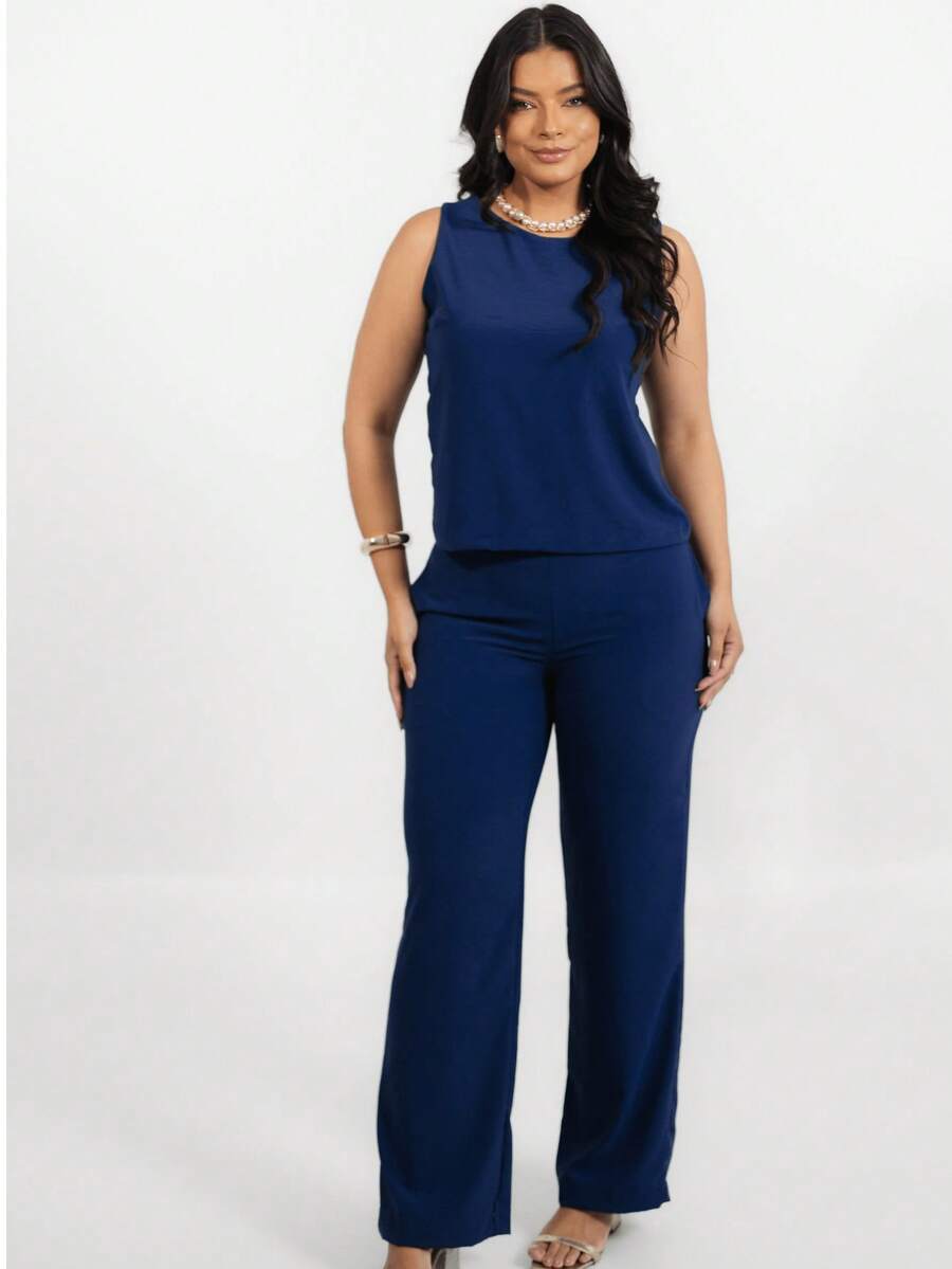Tailored Set Wide Leg Pants And Elegant Tank Top - Màu xanh hải quân - Xem 1