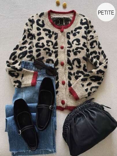 Petite Autumn And Winter Fashion Casual Comfortable Warm Camel Leopard Color Collision Trim Long Sleeve Round Neck Buttoned Knit Cardigan,Fall Clothes For Women, Winter Clothes For Women,Fall Tops,Work/Office, Business Casual Woman