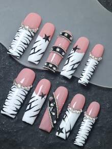 CrystalHola Natal, 10 peças de unhas postiças artesanais, unhas com ponta francesa, unhas francesas longas quadradas, Y2K, superfície de unha preta com listras pintadas à mão, estrelas, strass brilhantes, vários designs de cobertura total, removíveis e reutilizáveis, arte exclusiva para as pontas dos dedos no verão, um acessório de moda essencial para festas e casamentos.