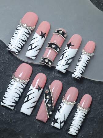 CrystalHola Jul, 10 stycken handgjorda lösnaglar, franska tip-naglar, fyrkantiga franska långa naglar, år 2000, svart nagelyta med handmålade ränder, stjärnor, glittrande strass, flera heltäckande designer, avtagbar och återanvändbar, unik sommarfingertoppskonst, ett måste-ha modeaccessoar för fester och bröllop.