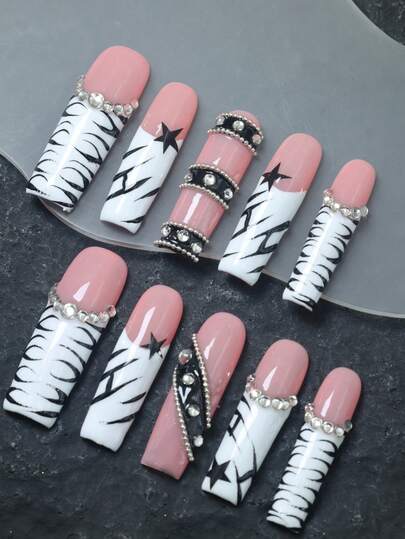 CrystalHola Christmas, 10 Pieces Handmade Press-On False Nails, French Tip Nails,Square French Long Nails,Y2K, Black Nail Surface With Hand-Painted Stripes, Stars, Sparkling Rhinestones, Multiple Full Coverage Designs, Removable And Reusable, Unique Summer Fingertip Art, A Must-Have Fashion Accessory For Parties And Weddings.