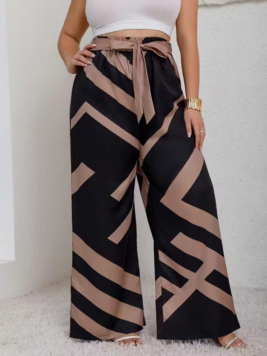 女士几何印花扭腰宽松阔腿休闲裤 - 黑色 - 查看 1