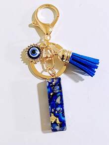 26pcs Bohemian Style Gemstone Blue Resin Letter Keychains, Bag Charms With Evil Eye And Tassel Decor, Holiday/Birthday Party Favors Christmas Gift Car Accessories Teacher Friend Sister Gift Ideas - Royal Blue - View 17