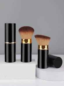 1/2 Pincel de maquillaje Kabuki retráctil portátil, adecuado para todo tipo de maquillaje facial y base de maquillaje líquida, aplicable para base de maquillaje líquida, en crema y en polvo, con mango de aluminio