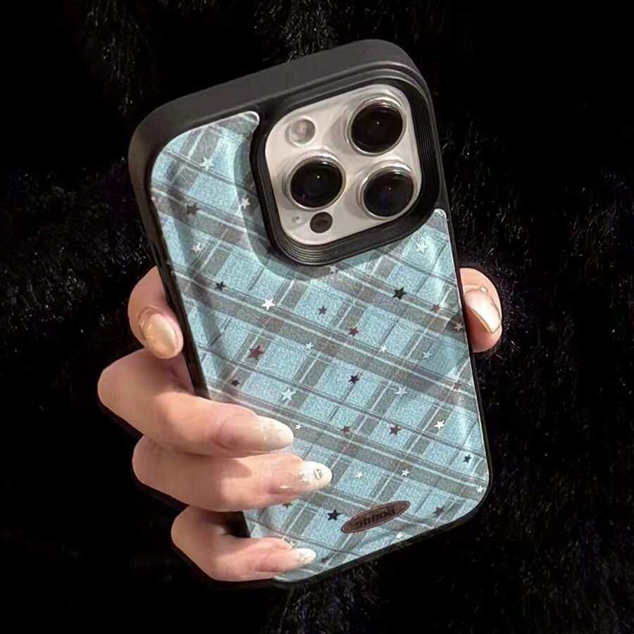 New Minimalist Textured Blue & Black Argyle Star Pattern Phone Case, Compatible With Iphone 17 Pro Max/16/15/14/13, Unique & Fashionable Full Coverage Protective Cover - Multicolor - View 1