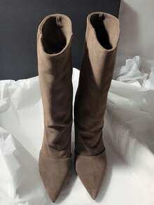 Fall/Winter Slimming New Retro Suede Leather Pointed Toe High Heel Slip-On Mid-Calf Boots,Kitten Heels,Stiletto Heels - Khaki - View 3