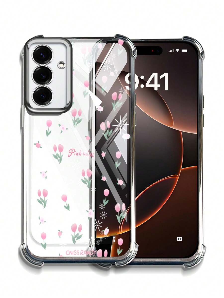 Phone Case For Samsung Galaxy S22+ S23+ S24+ S25+ S22 S23 S24 S25 Plus S22 Ultra S23 Ultra S24 Ultra S25 Ultra S25 Edge S23FE S24FE High-Definition Transparent Bottom Shell Soft TPU Silicone With Four-Corner Drop Protection Full-Screen Flower Tulip - 銀色 - 查看 1