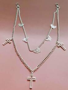 1 pezzo Catena per pantaloni alla moda con decorazione a doppio strato di farfalla e croce, adatta per la fotografia e l'uso quotidiano - Bianco K - Visualizzare 1