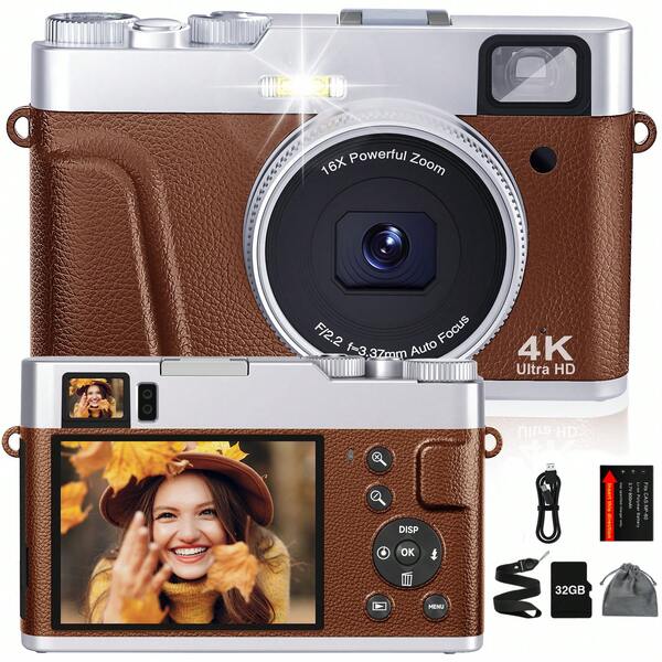 Digital Camera 4K Autofocus 48MP Vlogging Camera With Front And Rear Lens, Viewfinder, Flashlight, 16X Digital Zoom, Anti-Shake, Compact Travel Camera With 32GB SD Card