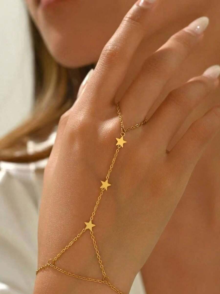 1pc Stainless Steel Pentagram Finger Chain, Minimalist Delicate Clavicle Chain, Versatile Chic Accessory For Commuting - Gold - View 1