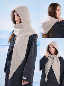 Women's Oversized Shawl Balaclava Hat, Knitted Hat Scarf Set, Solid Color Casual Winter Warm Hat With Pocket, Suitable For Daily, Skiing, Hiking, Vacation - Multicolor - View 2